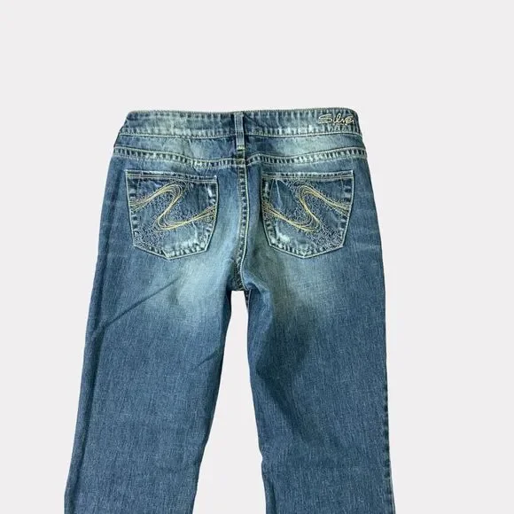 Silver Jeans Womens  28x32 Blue Aiko Flare Distressed‎ Whiskered Stretch Denim - Picture 12 of 16